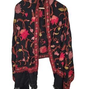 Kashmir Wool Shawl Wrap Throw Black, Multicolor Embroidery